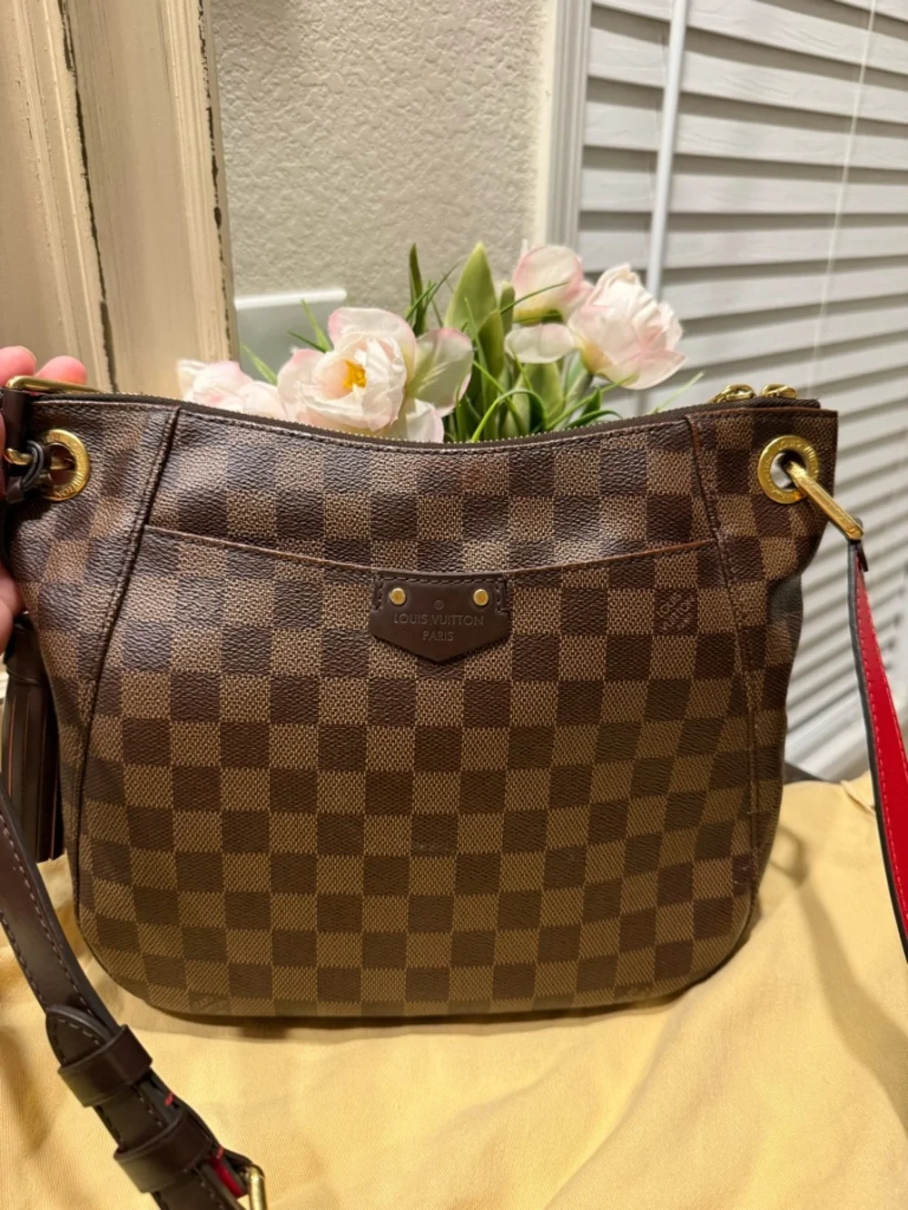 Louis Vuitton Brown Damier Ebene Shoulder Bag with Red Strap Lining - Picture 2 of 10